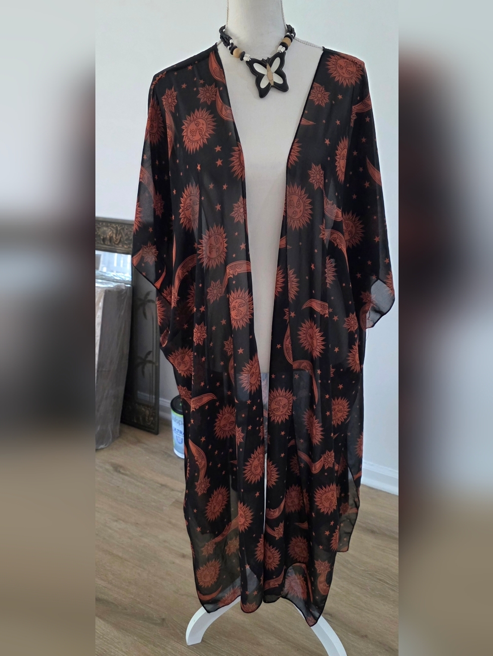 Sheer Black Kimono with Rust Sun & Moon Print